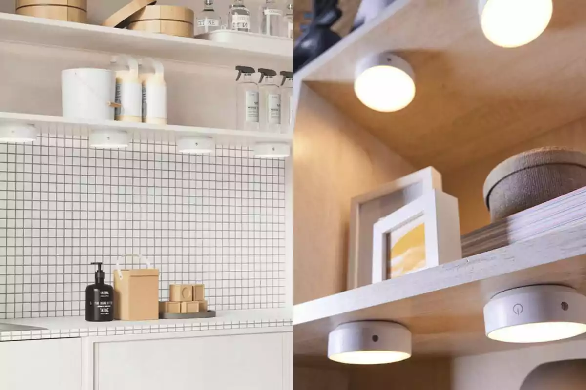 Luz LED redonda instalada debajo de repisas en una cocina y en una estantería de madera, iluminando objetos decorativos y productos de limpieza.