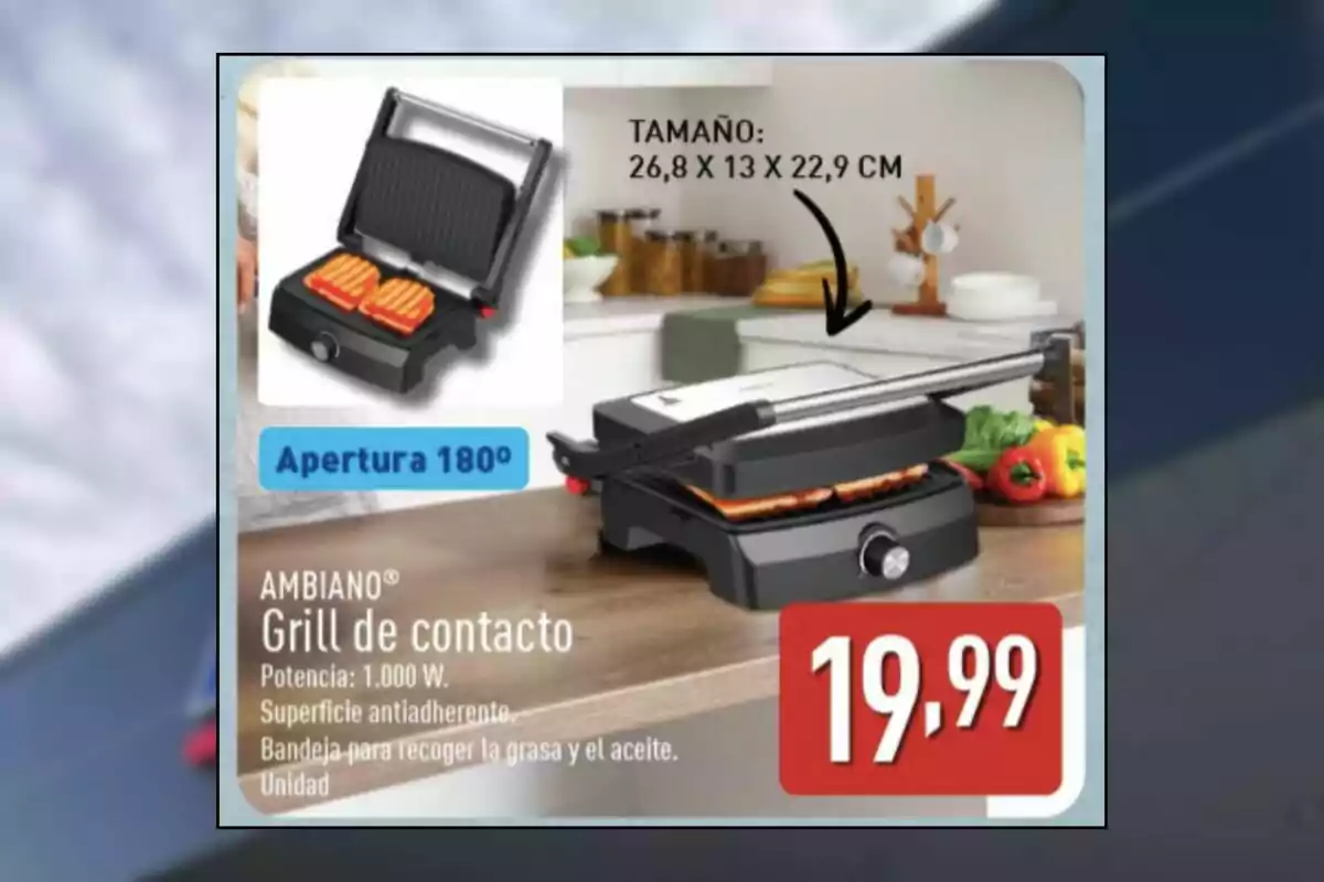 Grill de contacto Ambiano con apertura de 180 grados, superficie antiadherente, bandeja para recoger grasa y aceite, tamaño 26.8 x 13 x 22.9 cm, potencia de 1000 W y precio de 19,99 euros Grill de contacto Ambiano con apertura de 180 grados, superficie antiadherente, bandeja para recoger grasa y aceite, tamaño 26.8 x 13 x 22.9 cm, potencia de 1000 W y precio de 19,99 euros