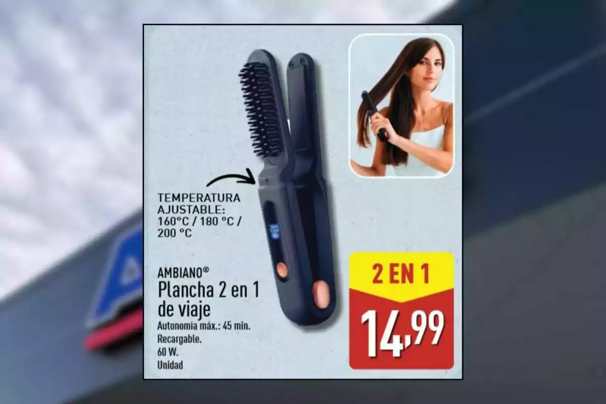 Planchadora de cabello 2 en 1 de viaje Ambiano con temperatura ajustable y precio de 14,99 euros, imagen de una mujer usando el producto