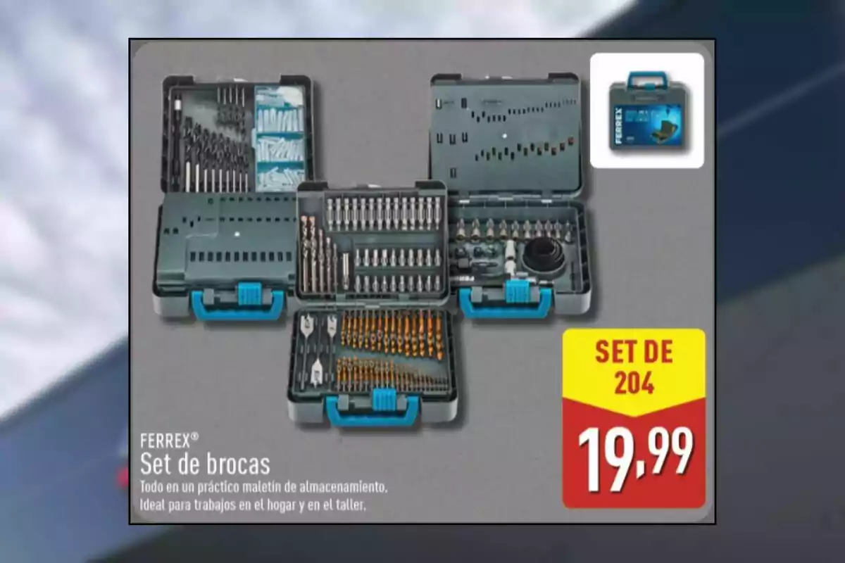 Set de brocas Ferrex de 204 piezas en un maletín de almacenamiento con precio de 19,99 euros ideal para trabajos en el hogar y taller
