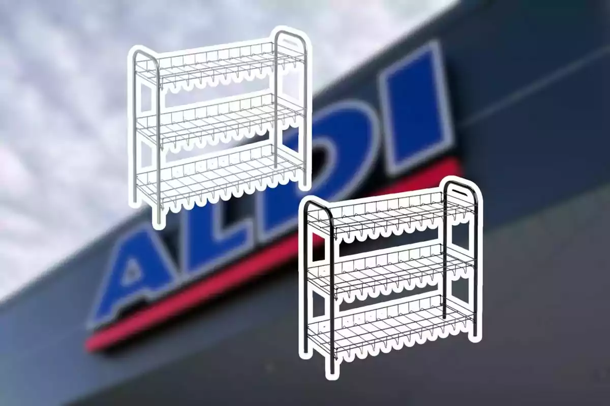 Dos estantes metálicos de tres niveles están sobre un fondo desenfocado de una tienda Aldi.