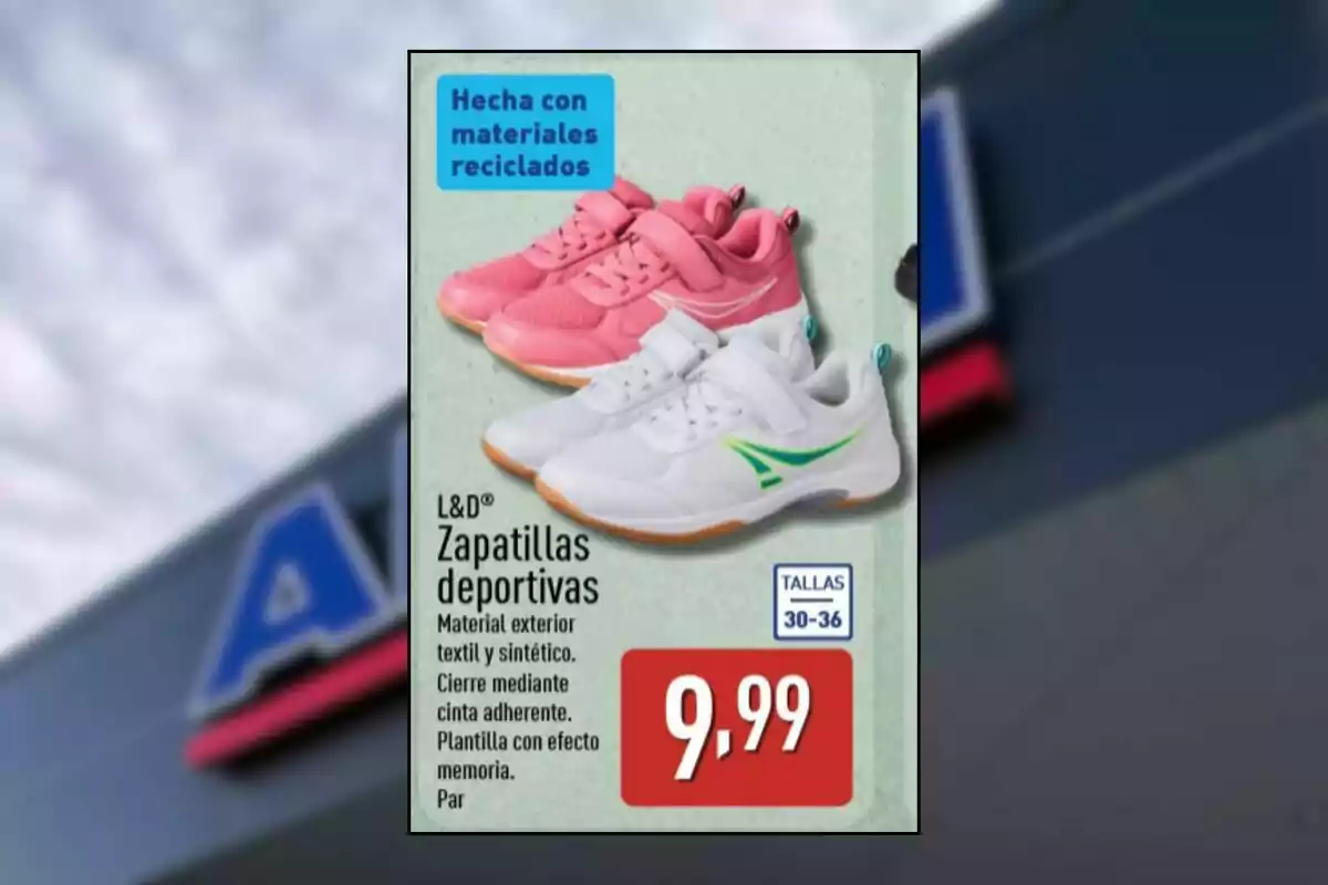 Oferta de sabatilles esportives per a nens en colors rosa i blanc fetes amb materials reciclats amb tancament de velcro i plantilla amb efecte memòria disponibles en talles 30 a 36 a un preu de 9,99 euros Oferta de sabatilles esportives per a nens en colors rosa i blanc fetes amb materials reciclats amb tancament de velcro i plantilla amb efecte memòria disponibles en talles 30 a 36 a un preu de 9,99 euros