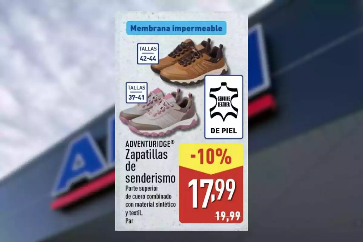 Oferta de sabatilles de senderisme Adventuridge per a home i dona amb membrana impermeable i part superior de cuir, disponibles en talles del 37 al 44, amb un descompte del 10 per cent a un preu de 17,99 euros Oferta de sabatilles de senderisme Adventuridge per a home i dona amb membrana impermeable i part superior de cuir, disponibles en talles del 37 al 44, amb un descompte del 10 per cent a un preu de 17,99 euros