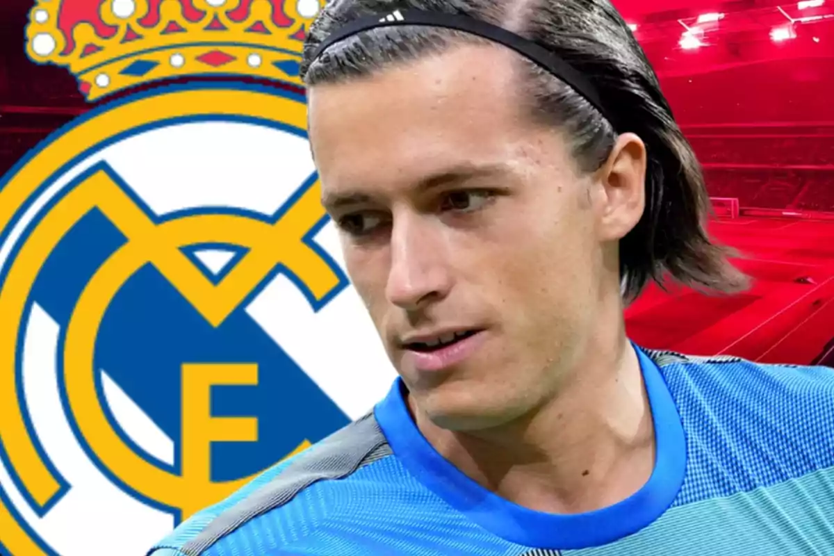 Porter amb cinta al cabell davant de l’escut del Reial Madrid i un estadi il·luminat de fons