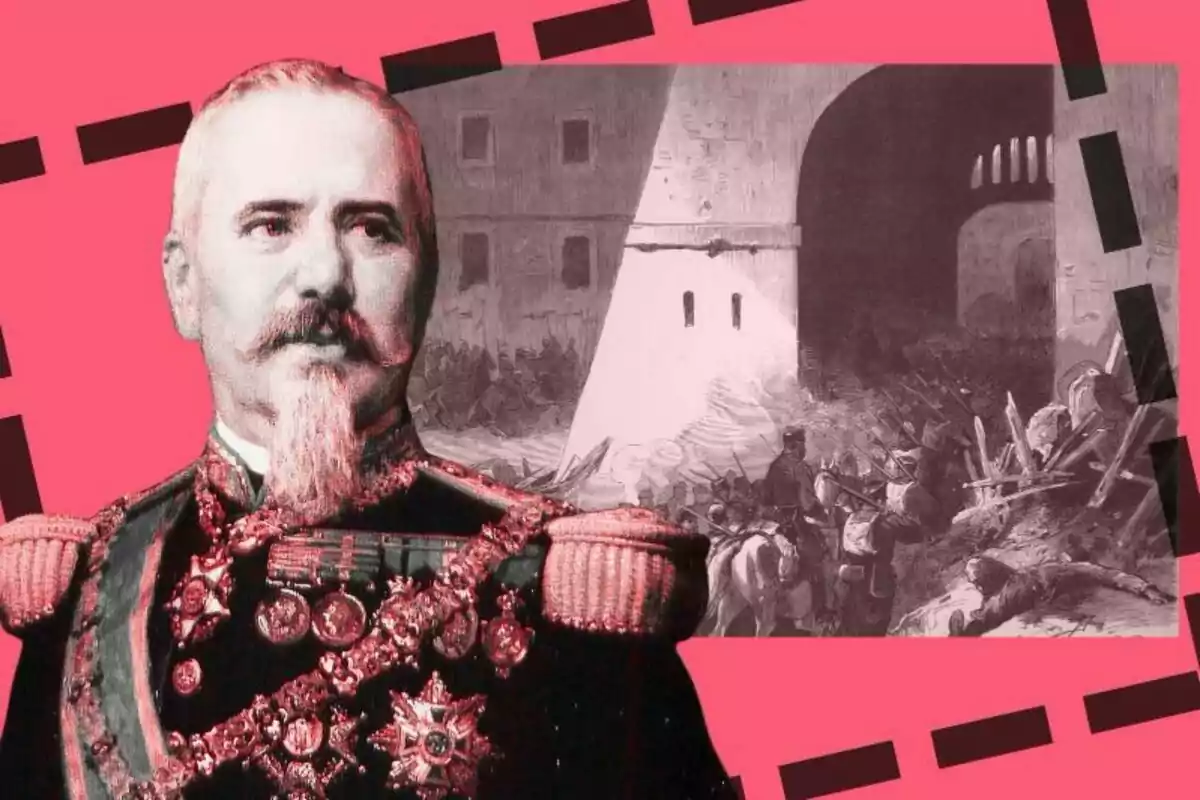 Retrat d’un militar amb uniforme de gala i medalles sobre un fons rosa amb una il·lustració d’una batalla antiga