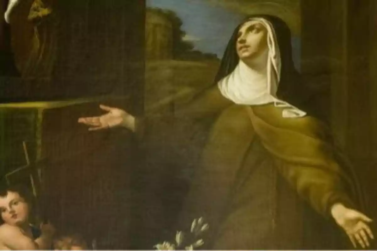 Pintura religiosa de una mujer vestida con hábito de monja mirando hacia arriba con los brazos extendidos y un niño pequeño a su lado sosteniendo una cruz Pintura religiosa de una mujer vestida con hábito de monja mirando hacia arriba con los brazos extendidos y un niño pequeño a su lado sosteniendo una cruz