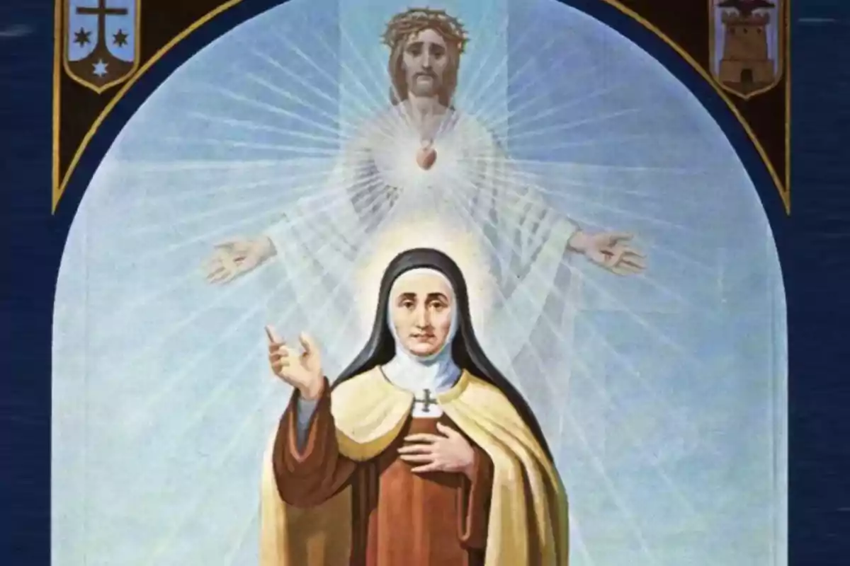Pintura religiosa que mostra una monja amb halo i hàbit marró i blanc, amb una figura de Jesús resplendent darrere d’ella. Pintura religiosa que mostra una monja amb halo i hàbit marró i blanc, amb una figura de Jesús resplendent darrere d’ella.