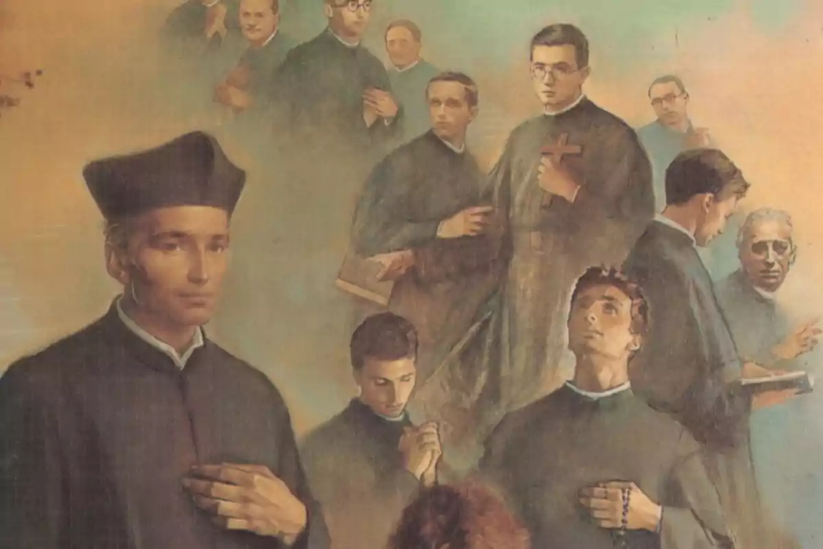 Pintura que muestra a varios sacerdotes católicos vestidos con sotana en actitud de oración y recogimiento Pintura que muestra a varios sacerdotes católicos vestidos con sotana en actitud de oración y recogimiento