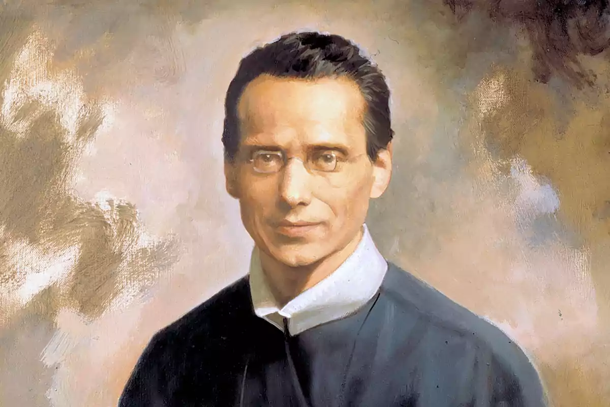 Retrato pintado de un hombre con gafas, cabello oscuro y corto, vestido con ropa formal de color oscuro y fondo difuminado en tonos beige y marrón.