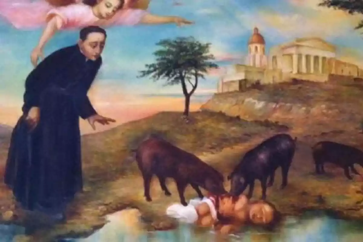 Un sacerdote y un ángel observan a unos cerdos que rodean a una persona herida junto a un estanque, con una iglesia al fondo. Un sacerdote y un ángel observan a unos cerdos que rodean a una persona herida junto a un estanque, con una iglesia al fondo.