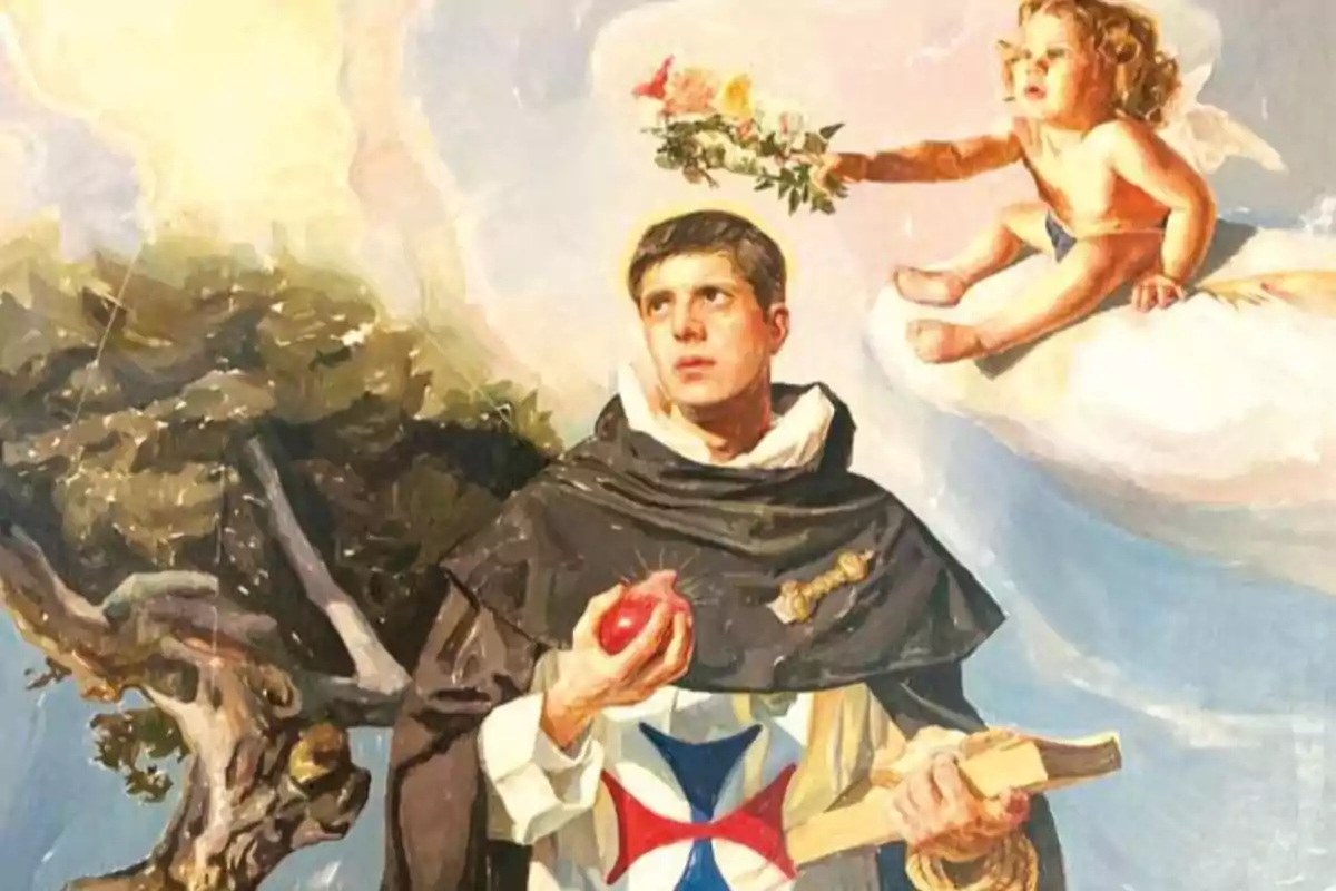 Un hombre con túnica religiosa sostiene un libro y una granada mientras un ángel niño le coloca una corona de flores sobre la cabeza en un entorno celestial. Un hombre con túnica religiosa sostiene un libro y una granada mientras un ángel niño le coloca una corona de flores sobre la cabeza en un entorno celestial.