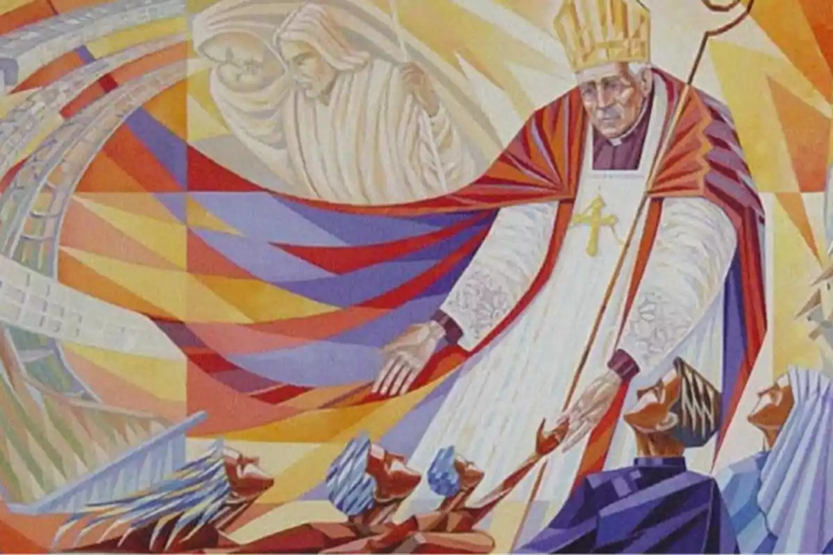 Mural colorido de estilo geométrico que muestra a un obispo con vestimenta blanca y capa roja bendiciendo a varias personas mientras al fondo aparece una figura religiosa con túnica clara Mural colorido de estilo geométrico que muestra a un obispo con vestimenta blanca y capa roja bendiciendo a varias personas mientras al fondo aparece una figura religiosa con túnica clara