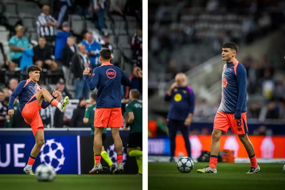 Dos futbolistes amb l’uniforme d’entrenament del Barcelona escalfen al camp abans d’un partit de la Lliga de Campions