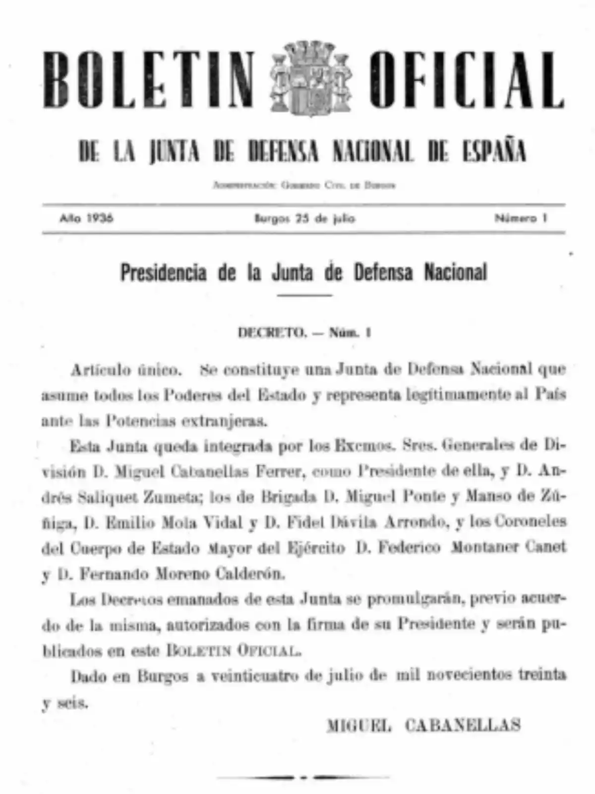 Primera pàgina del Butlletí Oficial de la Junta de Defensa Nacional d’Espanya del 25 de juliol de 1936, on s’anuncia la constitució de la Junta i es detallen els noms dels seus integrants.