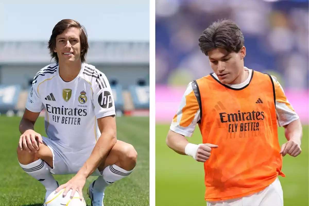 Dos futbolistas del Real Madrid en el campo, uno posando con el uniforme blanco y el otro calentando con un peto naranja Dos futbolistas del Real Madrid en el campo, uno posando con el uniforme blanco y el otro calentando con un peto naranja