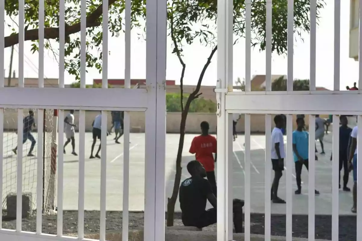Un grup de joves juga en una pista a l’aire lliure mentre una persona seu sola darrere d’una reixa blanca.