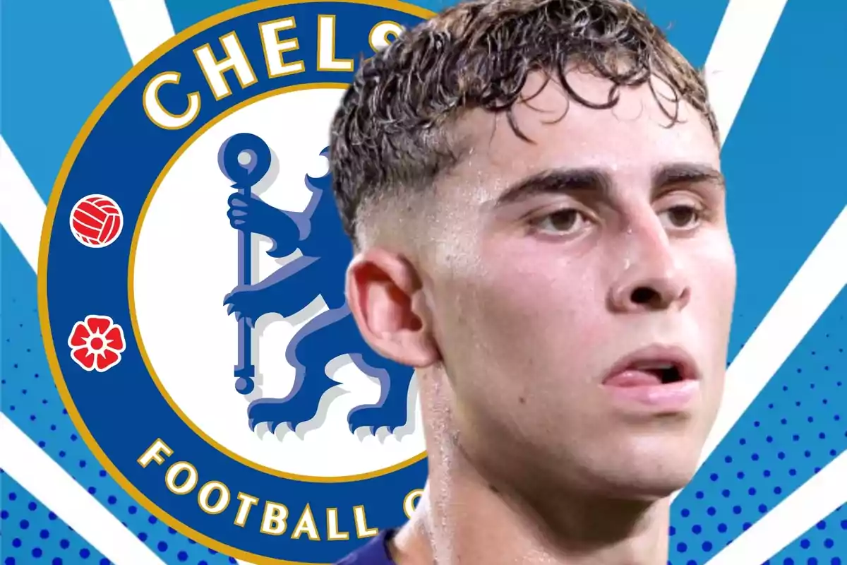 Un futbolista con el escudo del Chelsea de fondo