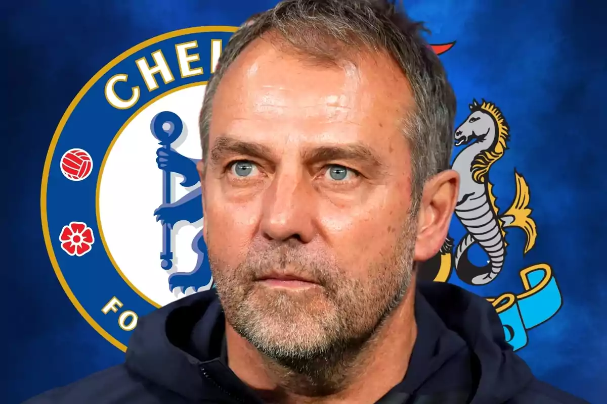 Hombre de cabello corto y barba mirando al frente con el escudo del Chelsea de fondo