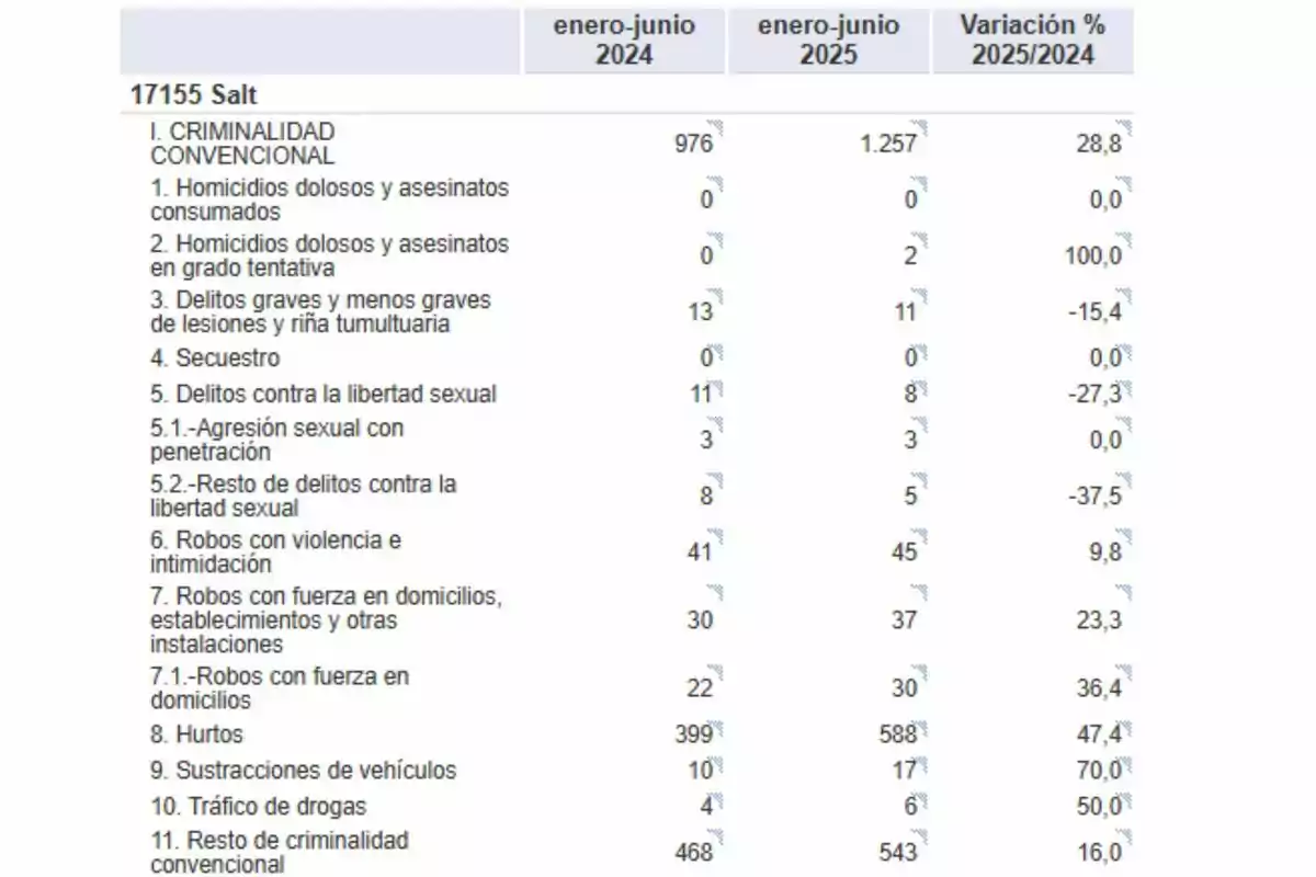 Tabla comparativa de criminalidad convencional en Salt para los periodos enero-junio 2024 y enero-junio 2025 con cifras de diferentes delitos y su variación porcentual Tabla comparativa de criminalidad convencional en Salt para los periodos enero-junio 2024 y enero-junio 2025 con cifras de diferentes delitos y su variación porcentual