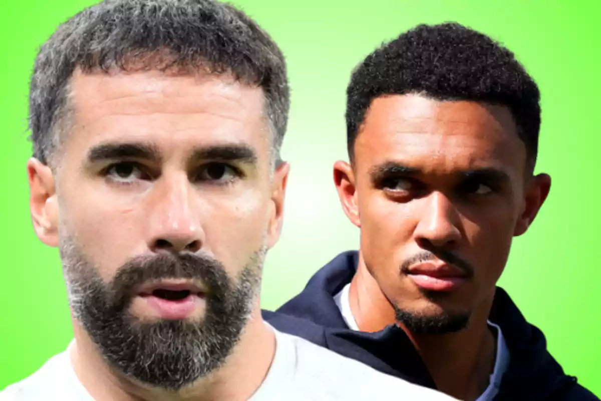 Dos homes en primer pla amb un fons verd brillant