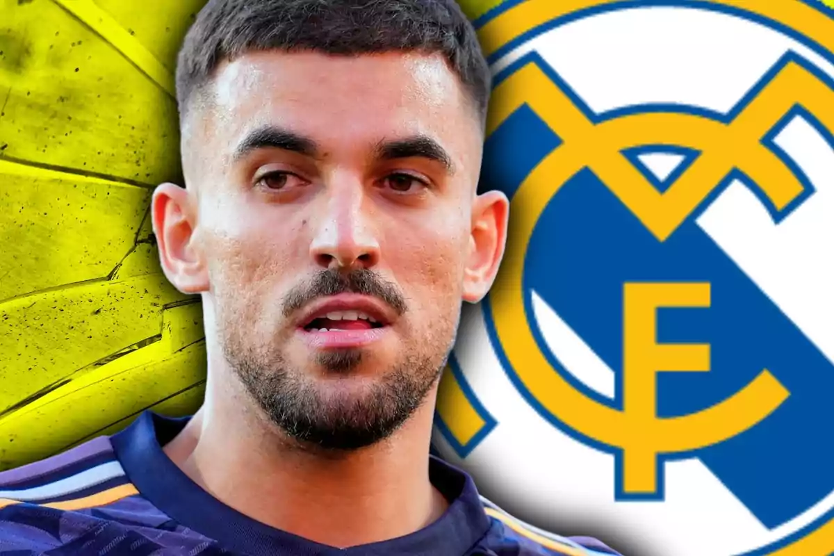 Un futbolista amb samarreta blau fosc apareix en primer pla amb l’escut del Reial Madrid al fons i un fons groc a l’esquerra.