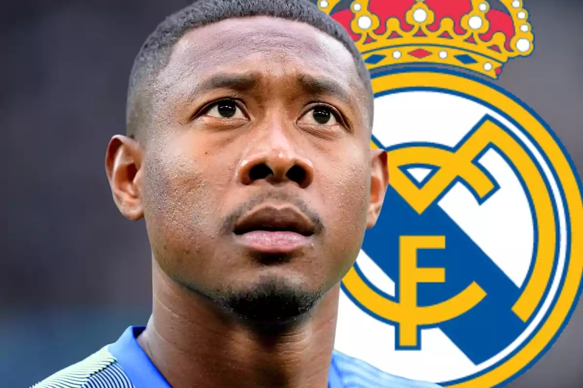 Jugador de futbol amb expressió seriosa i l’escut del Reial Madrid al fons