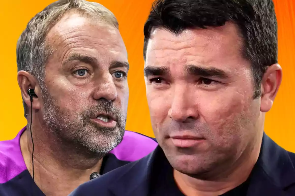 Dos hombres en primer plano con expresiones serias sobre un fondo naranja Dos hombres en primer plano con expresiones serias sobre un fondo naranja