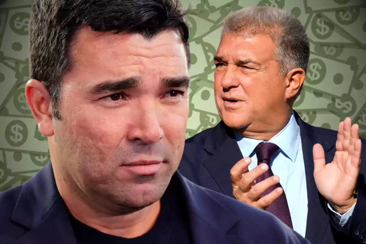 Dos hombres con expresión seria y fondo de billetes con símbolos de dólar