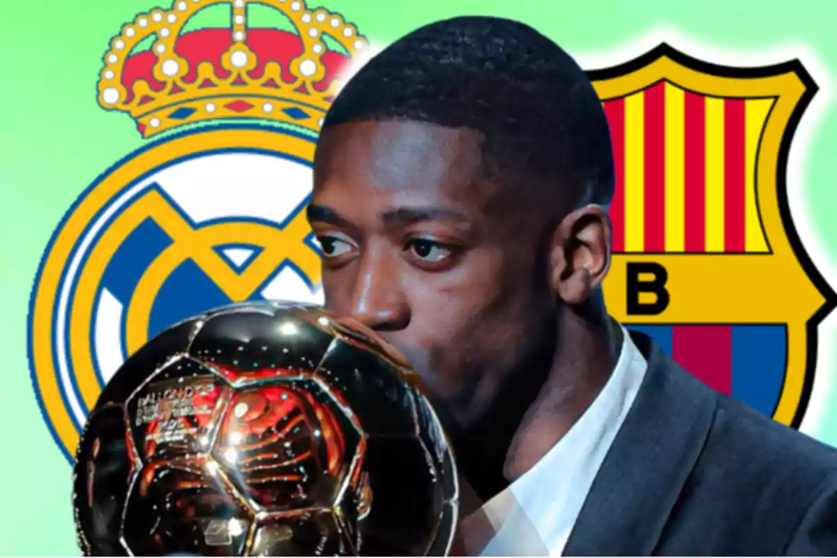 Un futbolista sostiene un Balón de Oro con los escudos del Real Madrid y Barcelona de fondo
