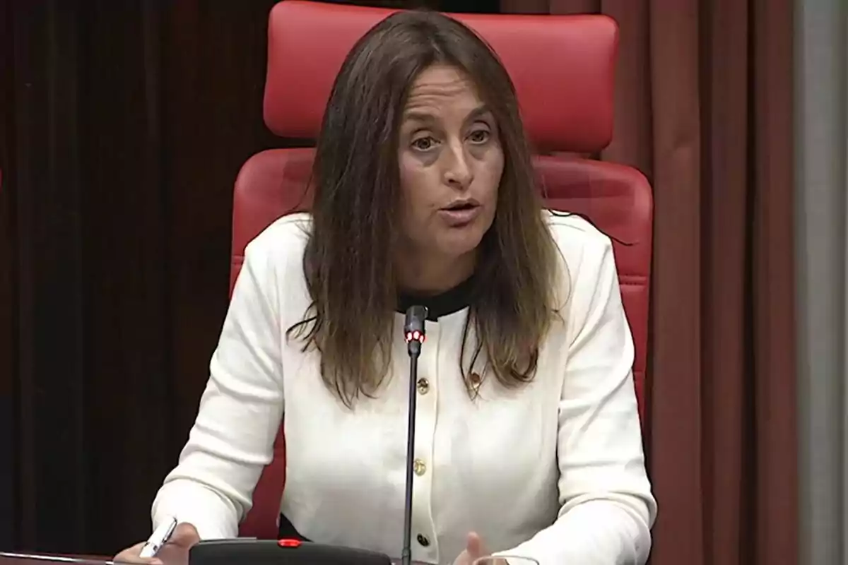 Dona de cabells castanys asseguda en una cadira vermella parlant davant d’un micròfon en una sala de reunions