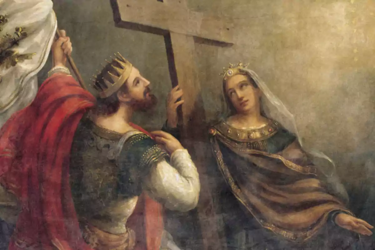 Pintura antigua de un hombre y una mujer con coronas, ambos vestidos con ropas reales, sosteniendo una gran cruz de madera Pintura antigua de un hombre y una mujer con coronas, ambos vestidos con ropas reales, sosteniendo una gran cruz de madera