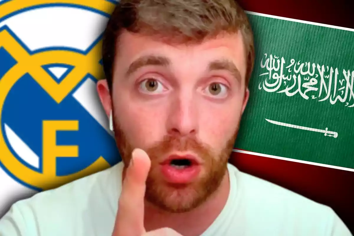 Home amb expressió seriosa assenyalant al davant amb el logotip del Reial Madrid i la bandera de l’Aràbia Saudita de fons