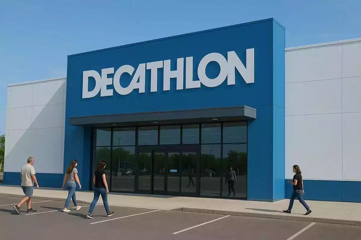 Fachada de una tienda Decathlon con cuatro personas caminando hacia la entrada en un día soleado.