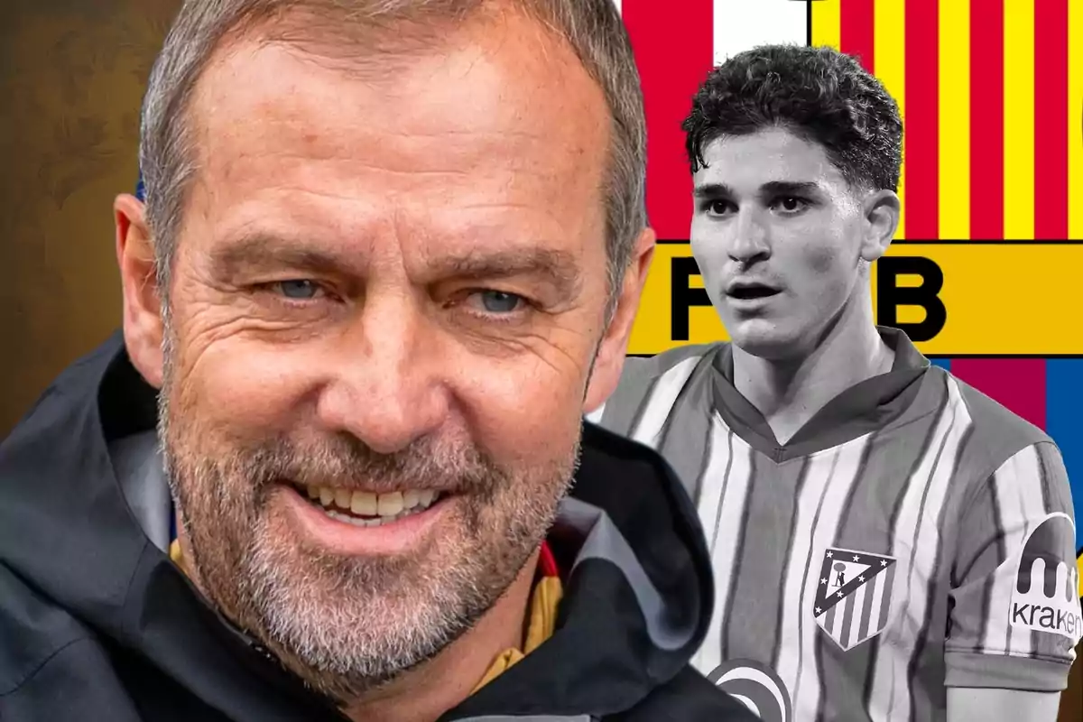 Un hombre sonriente en primer plano y al fondo un jugador de fútbol con uniforme del Atlético de Madrid frente a un escudo del FC Barcelona.