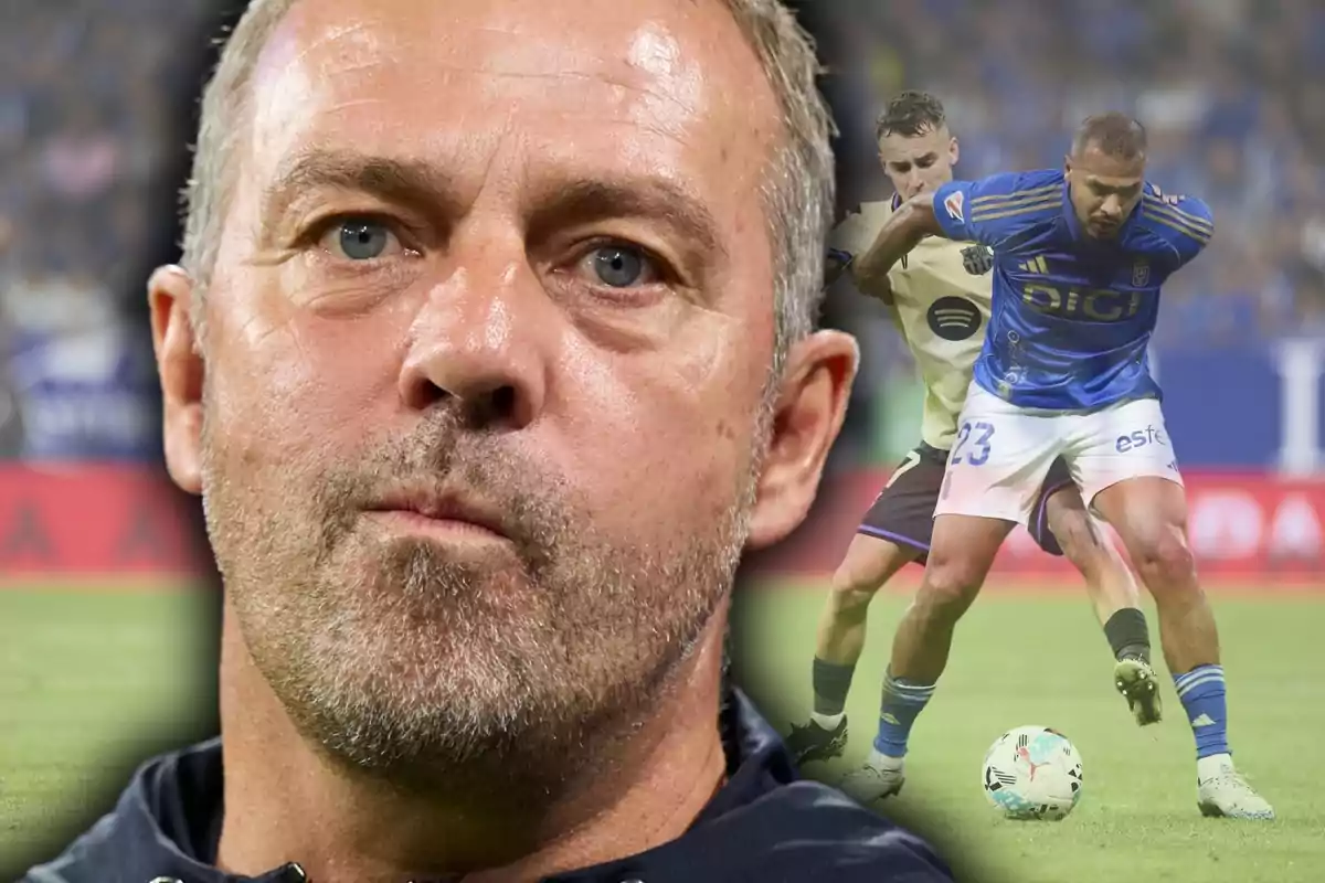 Primer pla d’un home d’expressió seriosa amb una escena de dos futbolistes disputant-se la pilota en el fons desenfocat