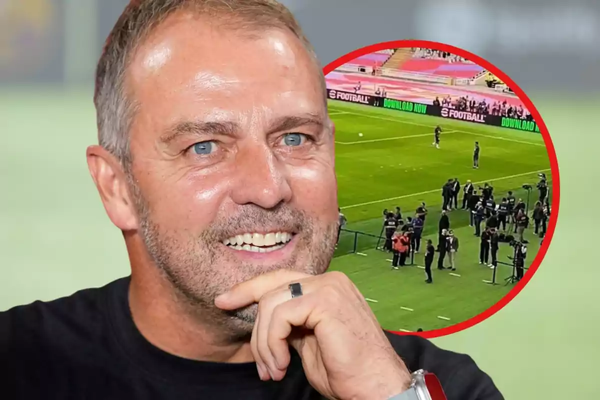 Home somrient en primer pla amb una imatge d’un estadi de futbol i diverses persones al camp al fons dins d’un cercle vermell.