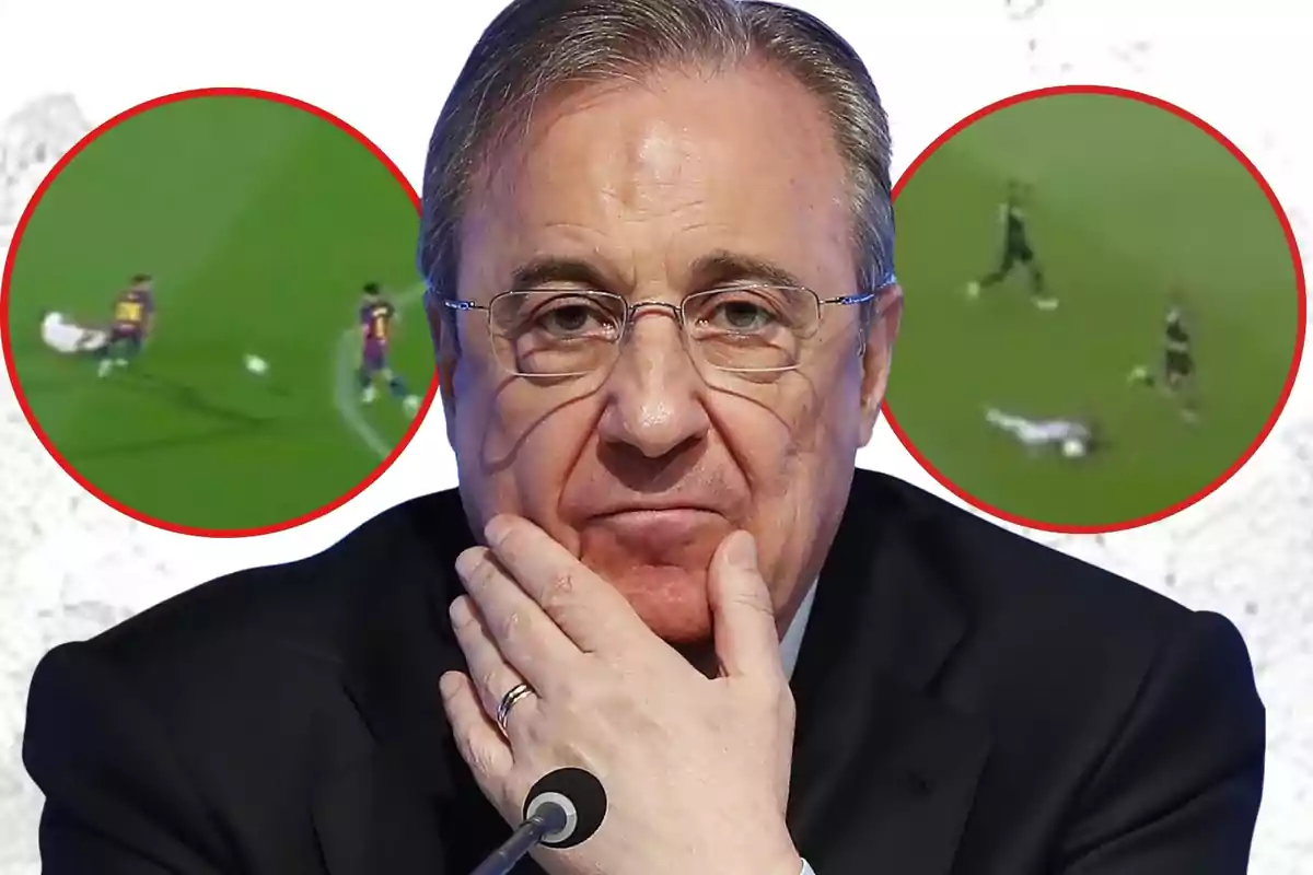 Home amb vestit i expressió pensativa, amb dues imatges de partits de futbol desenfocades al fons