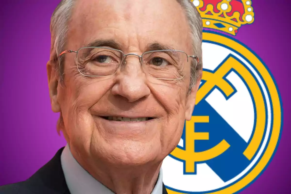 Home gran amb ulleres somrient davant de l’escut del Reial Madrid sobre un fons morat