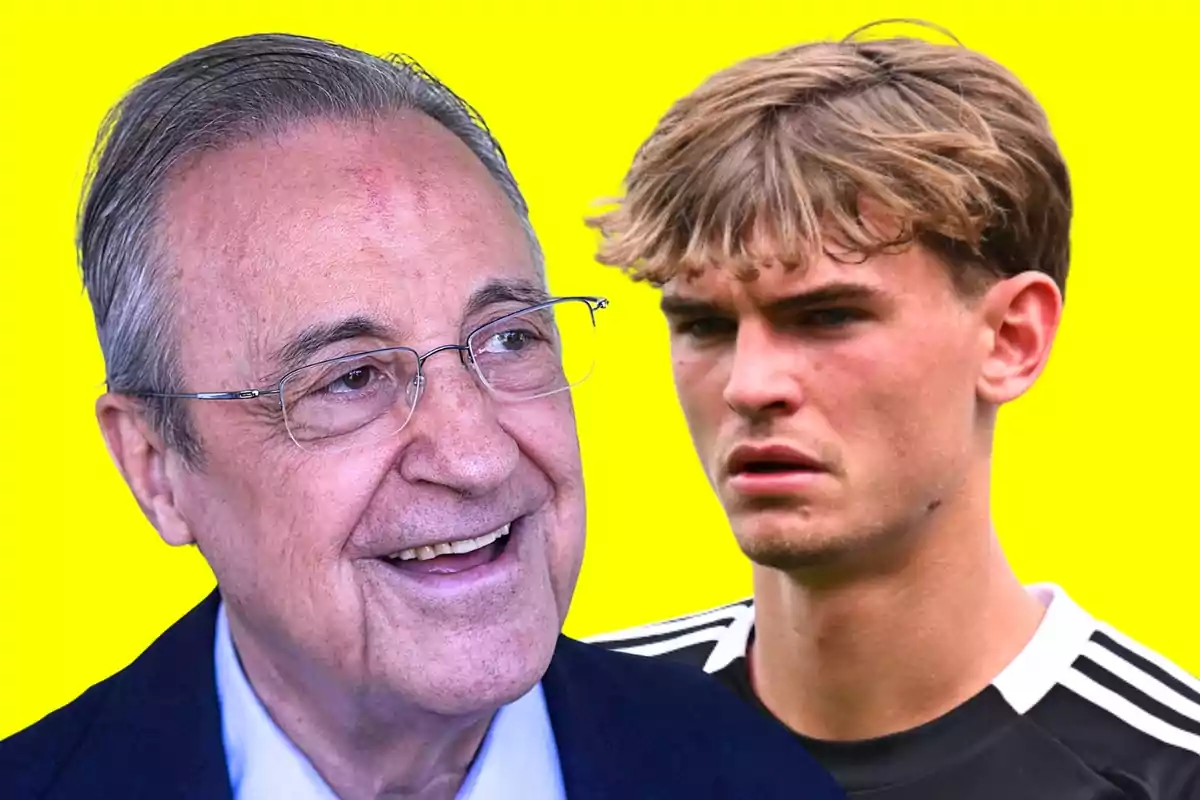 Un home gran amb ulleres somriu mentre un jove amb samarreta esportiva apareix seriós al fons sobre un fons groc brillant.