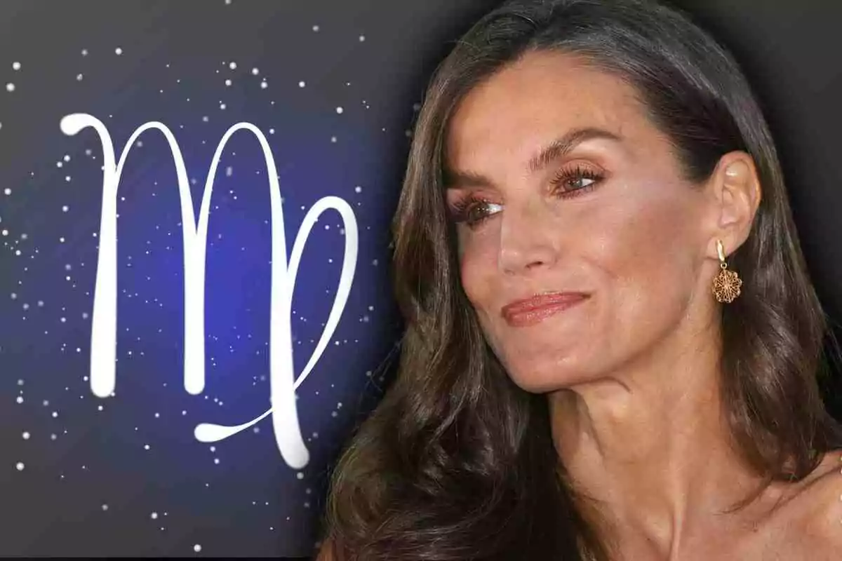 Letizia de cabello largo y oscuro con pendientes dorados sonríe levemente junto al símbolo del signo zodiacal Virgo sobre un fondo azul con destellos blancos.