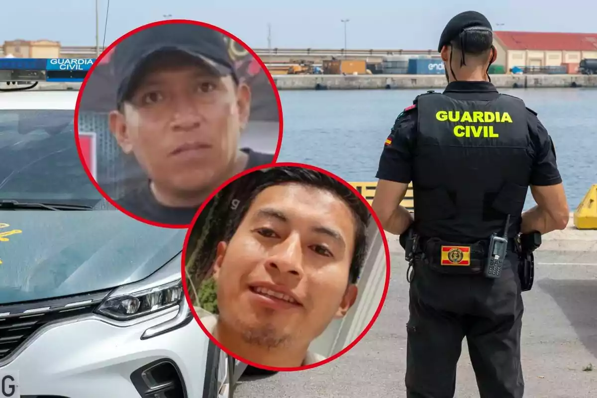 Un agent de la Guàrdia Civil d’esquena al costat d’un cotxe patrulla i dues cares d’homes emmarcades en cercles vermells sobre la imatge
