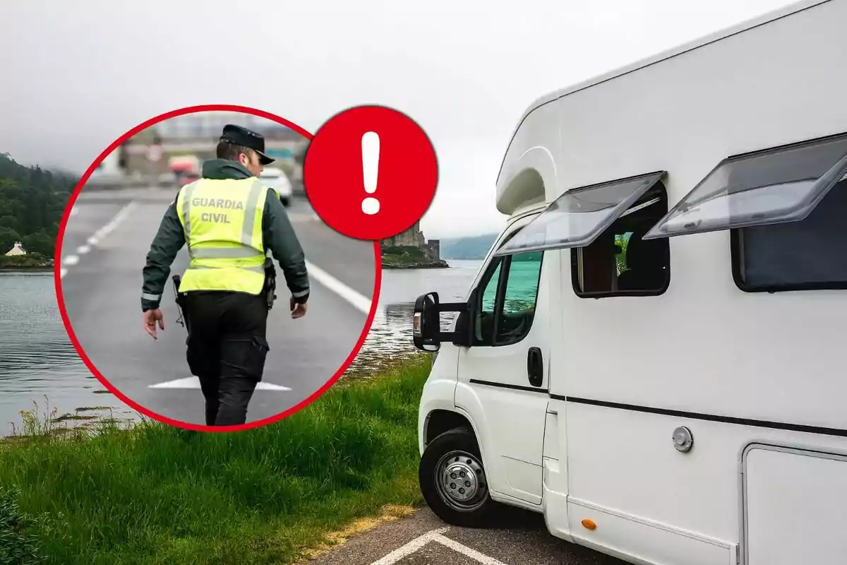 Una autocaravana estacionada al costat d’un llac i un cercle amb la imatge d’un agent de la Guàrdia Civil caminant per una carretera i un símbol d’advertència