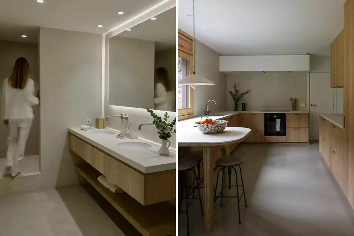 Bany i cuina moderns amb mobles de fusta i decoració minimalista en tons neutres Bany i cuina moderns amb mobles de fusta i decoració minimalista en tons neutres