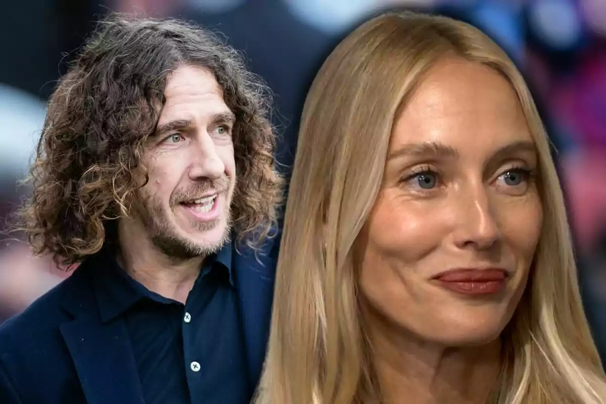 Un home de cabells arrissats i una dona rossa de cabells llisos apareixen junts en primer pla, tots dos mirant cap a direccions diferents i somrient lleument.