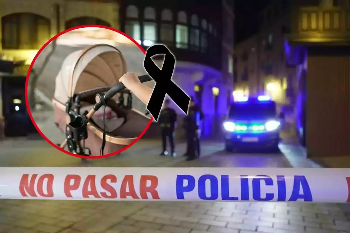 Cinta policial con la leyenda no pasar policía en una calle acordonada de noche con una patrulla y agentes al fondo, sobrepuesta una imagen de un cochecito de bebé y un moño negro de luto