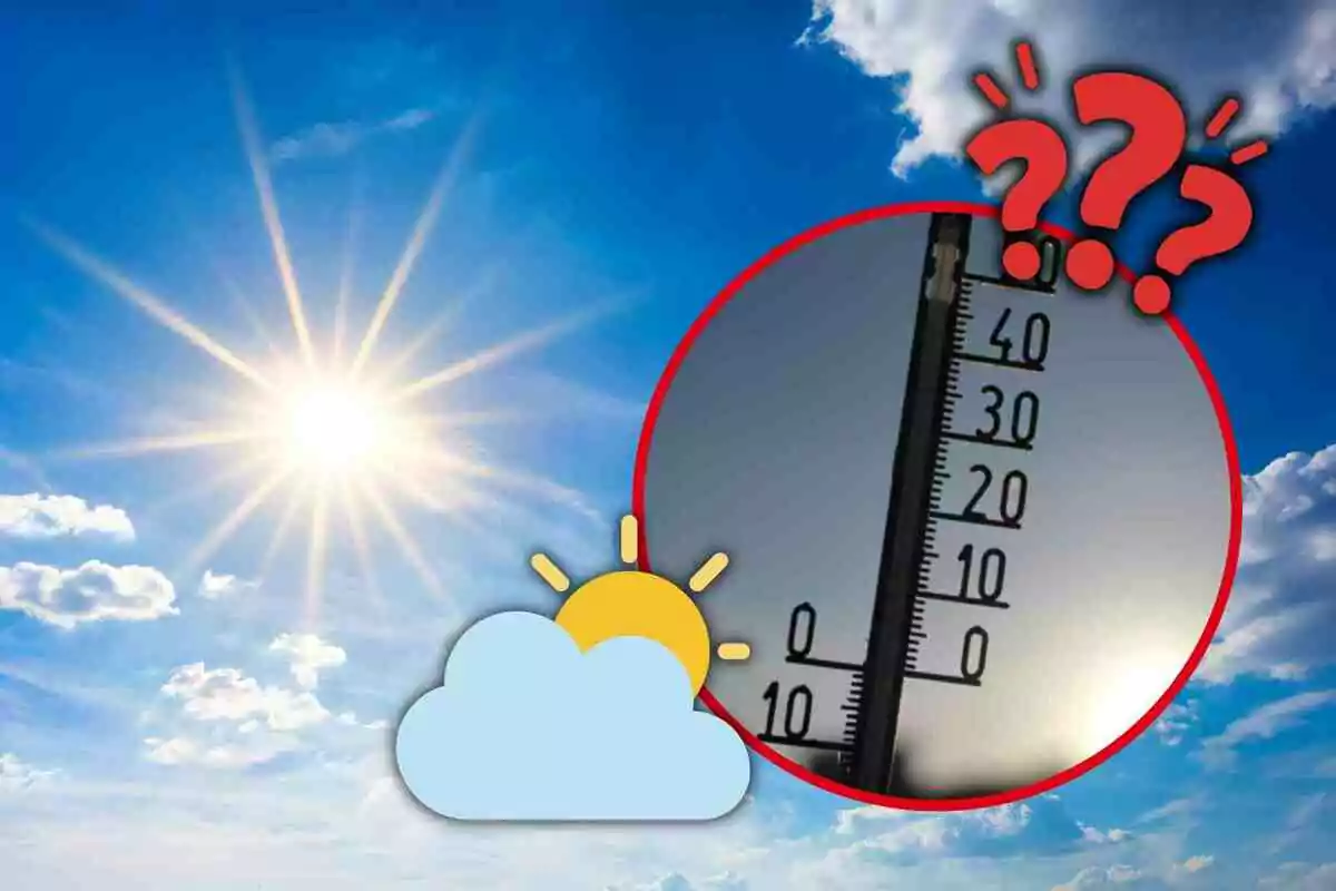 Cel assolellat amb alguns núvols, un termòmetre marcant una temperatura alta i signes d’interrogació indicant dubte sobre el temps