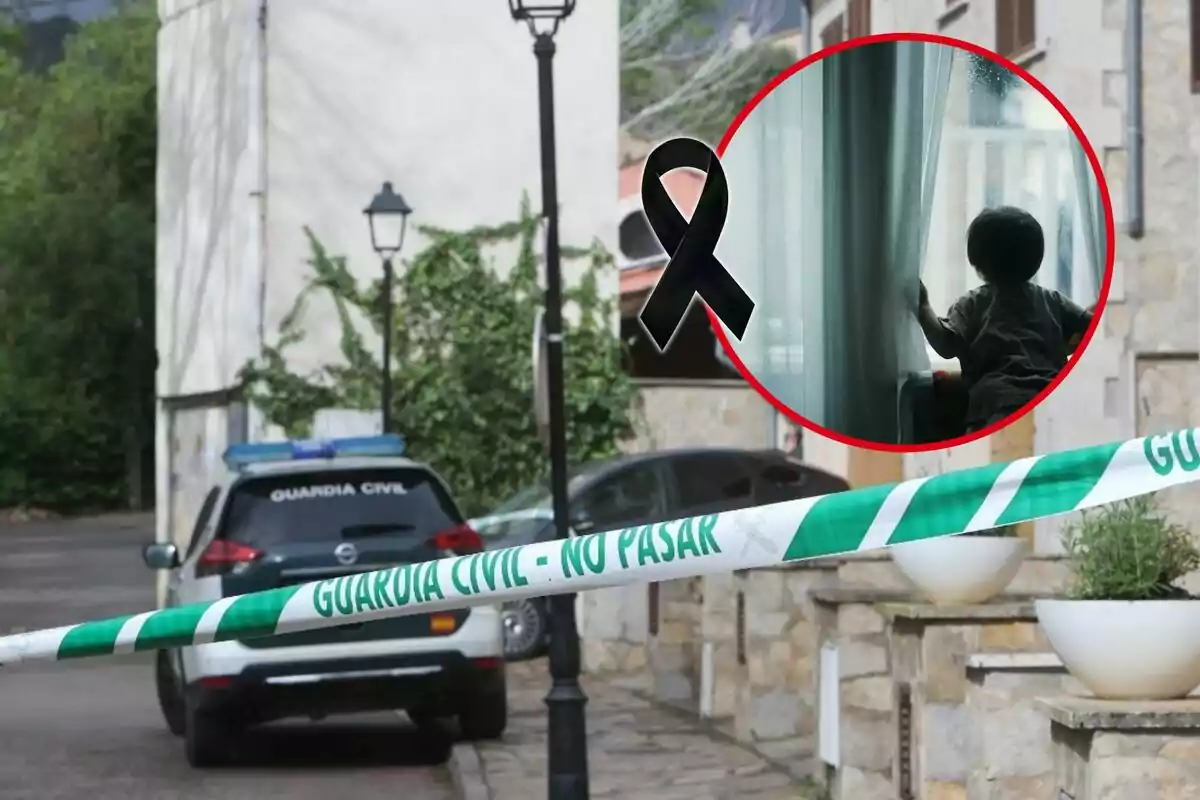 Cinta de la Guàrdia Civil acordonant una zona residencial amb un cotxe policial i un cercle que mostra un nen mirant per una finestra al costat d’un llaç negre de dol