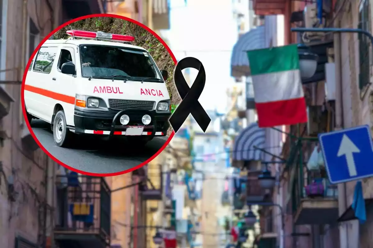 Ambulància emmarcada al costat d’un llaç negre i una bandera d’Itàlia en un carrer urbà