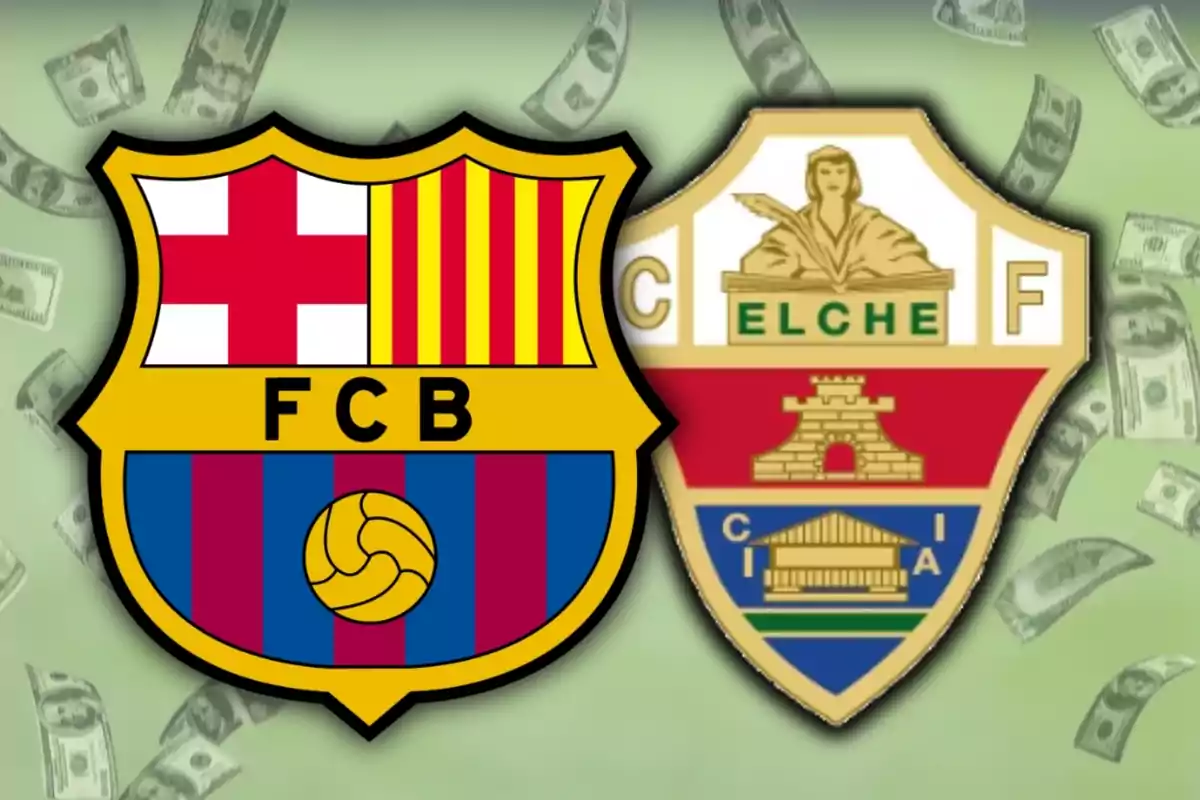 Escudos de los equipos de fútbol Barcelona y Elche con billetes de fondo