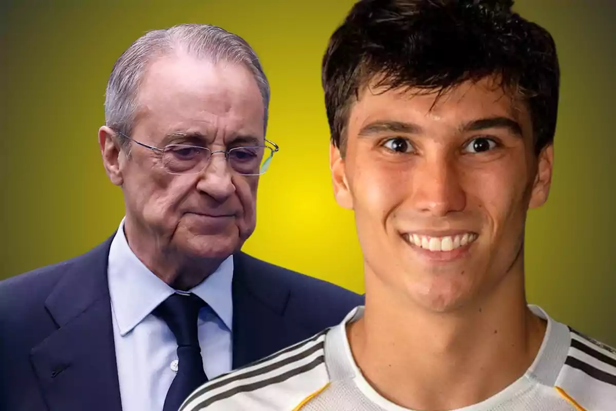 Un hombre mayor con gafas y traje aparece al fondo mientras un joven con camiseta deportiva sonríe en primer plano sobre un fondo amarillo difuminado.